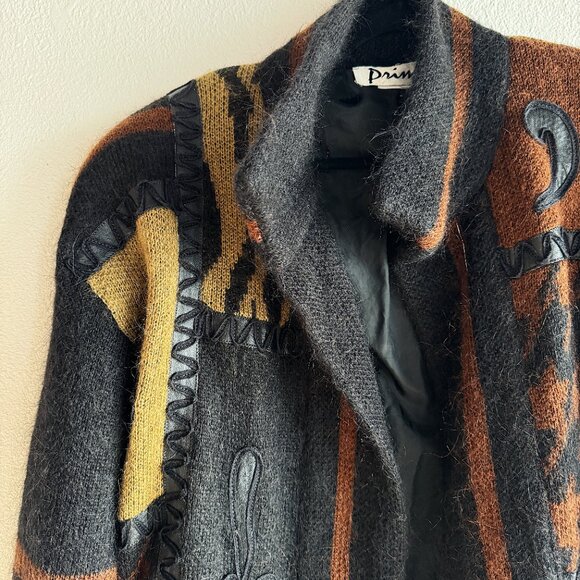 Vintage Heavy Wool Patchwork Coat Vintage Animal Print Leather Coat - Picture 4 of 5